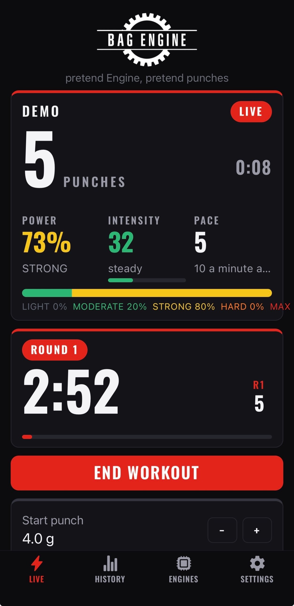 The Bag Engine app during a workout: 5 punches, power 73% strong, intensity 32, pace, the zone bar, and round 1 at 2:52